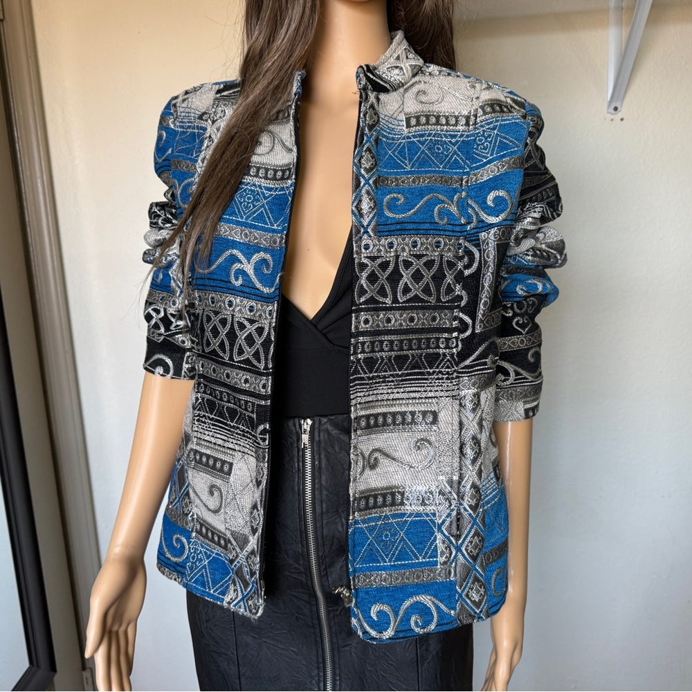 GORGEOUS Metallic Jacket Sz L Blue Silver Black Paisley Jacket for Women Y2K